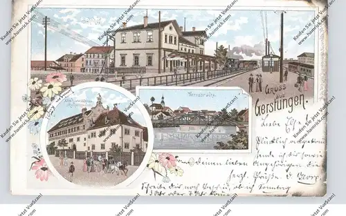 0-5904 GERSTUNGEN, Lithographie, Bahnhof mit Zug, Schloß, Werrabrücke, Ecke hinterklebt