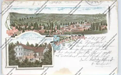 0-5901 BISCHOFRODA, Lithographie, Gasthof zum Schwan, Ortsansicht, Eckknick