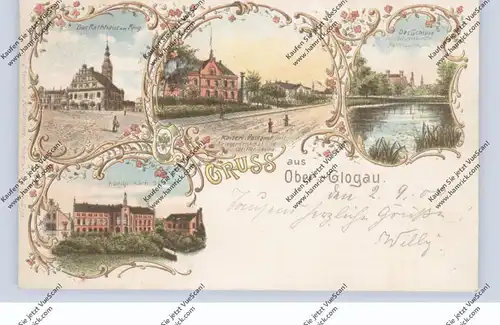 NIEDER-SCHLESIEN - OBER-GLOGAU / GLOGOW, Lithographie, Postamt, Rathaus, Schloß, Seminar, Bahnpost