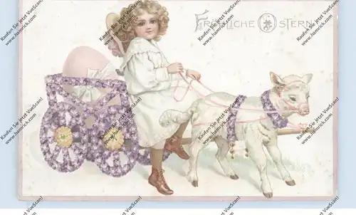 OSTERN - Mädchen mit Karren und Lamm, Präge-Karte
