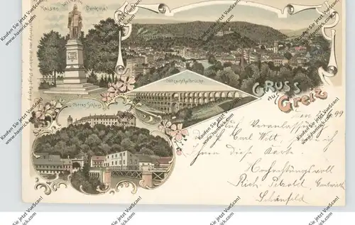 0-6600 GREIZ, Lithographie 1899, Kaiser-Wilhelm-Denkmal, Göltzschthalbrücke, Oberes Schloss, Ortsansicht