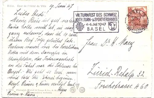 SPORT - TURNEN, Turnfest Basel 1947, Sonderstempel