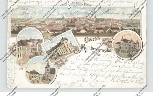 0-6515 MÜNCHENBERNSDORF, Lithographie, Schule, Post, Kirche, Schloß, Gesamtansicht