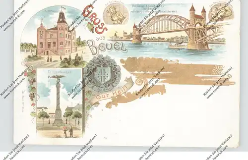 5300 BONN - BEUEL, Lithographie, Beueler Turn Verein, Gut Heil, Kriegerdenkmal, Rathaus, Rheinbrücke, Brückenmännchen