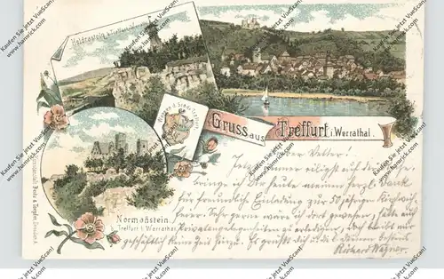 0-5908 TREFFURT, Lithographie, Normannstein, Stadtwappen, Heldrastein, Ortsansicht