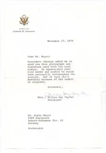 POLITIK - LYNDON B. JOHNSON, Beantwortung einer Autogramm-Anfrage, 1970