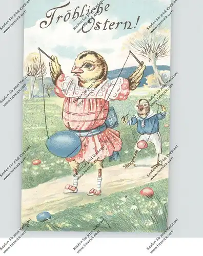 OSTERN - Küken spielen mit Eiern Diabolo, Präge-Karte, embossed, relief