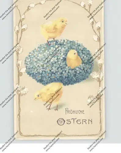 OSTERN - 3 Küken im Blumenei, Präge-Karte, embossed, relief