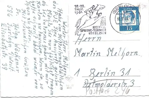5860 ISERLOHN, Seilersee, Sonderstempel Reit- u. Spring-Turnier Iserlohn 1964
