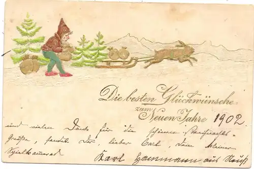 ZWERGE / Gnome / Dwarfs / Nains / Nani / Dwergen / Enanos - Neujahrs-Karte 1902, geprägt / embossed / relief