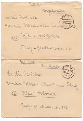5450 NEUWIED, GEBÜHR BEZAHLT, 2 Briefe, 1947