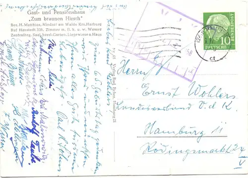 2116 HANSTEDT - NINDORF, Gasthof & Pension "Zum braunen Hirsch" 1958, kl. Einriss