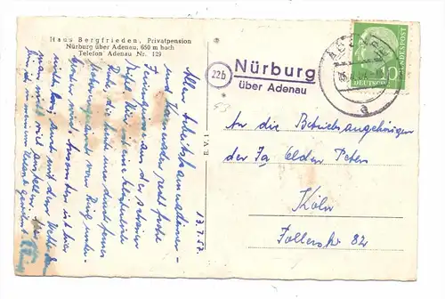 5488 ADENAU, Nürburg, 1954, Mängel, Landpoststempel "22b Nürburg über Adenau"