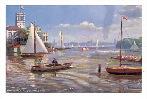 2000 HAMBURG, Aussenalster, Segelboote, Rudern / rowing, künstler-Karte Kamptz