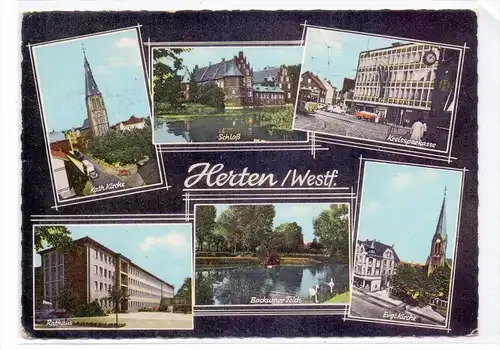 4352 HERTEN, Ev. Kirche, Backumer Teich, Rathaus, Kreissparkasse, Schloß & Kath. Kirche, 1966
