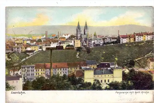 5860 ISERLOHN, Panorama mit katholischer Kirche, 1906, color, Bahnpost UNNA-LETMATHE