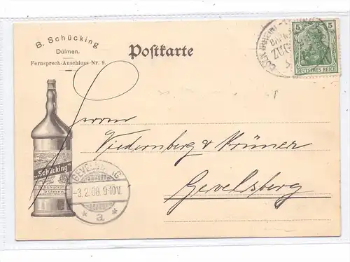 4408 DÜLMEN, Schücking, Münsterländer Doppelkorn, Firmen-Karte 1908, Bahnpost