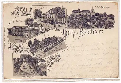4444 BAD BENTHEIM, Lithographie, Hotel Bellevue, Bahnhof, Bahnhof Allee, Schloß, Kurhaus, 1898