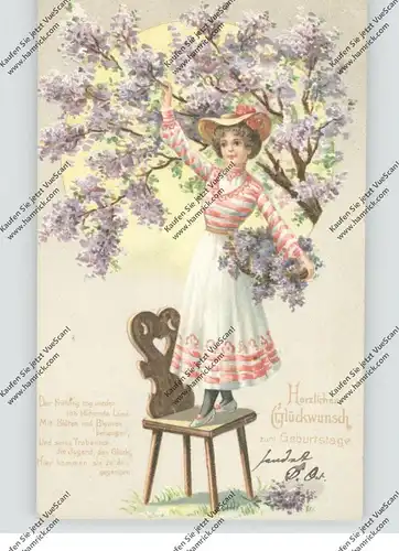 GEBURTSTAG - Elegante junge Frau pflückt Blüten auf einem Stuhl stehend. 1905, Präge-Karte, embossed, relief
