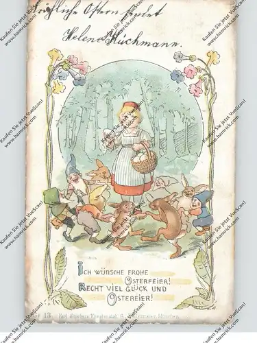 OSTERN - Mädchen mit Eierkorb, tanzende Zwerge und Hasen, kl. Druckstelle