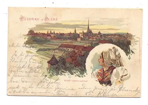 BÖHMEN & MÄHREN - PILSEN / PLZEN, Lithographie, Gesamtansicht, Tracht, 1900