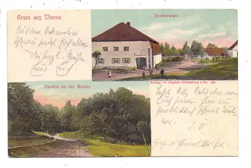 OSTPREUSSEN - THARAU / ERNSTHOF - WLADIMIROWO, Gasthaus Ludwig, Dorfstrasse, Partie an der Kirche, 1904, color