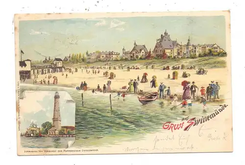 POMMERN - SWINEMÜNDE / SWINOUJSCIE, Lithographie 1899, Leuchtturm, Strand