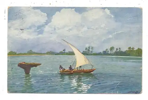 DEUTSCH OST AFRIKA - DARESSALAM, Küste mit Fischerboot, Künstler-Karte, 1914, Druckstelle