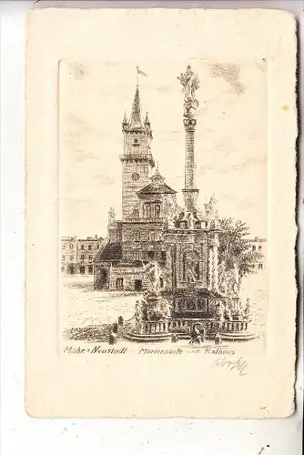 BÖHMEN & MÄHREN - MÄHRISCH NEUSTADT / UNICOV, Mariensäule mit Rathaus, Künstler-Karte handsigniert