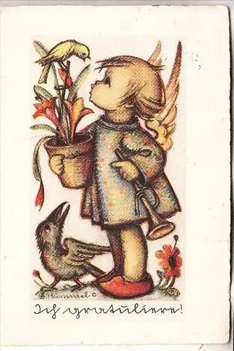 KÜNSTLER - HUMMEL, "Ich gratuliere", Mädchen mit Blumen und Vögeln, 1936, Einriss, Nr. 4514