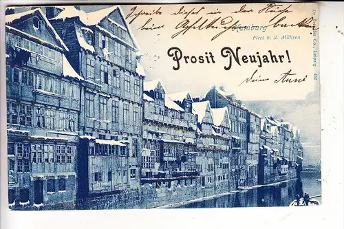 2000 HAMBURG, Fleet bei den Mühren, Neujahrskarte mit Glimmer, 1902