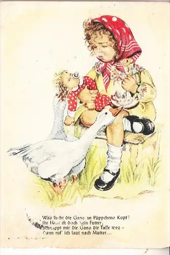 KINDER / Children / Enfants / Bambini / Ninos / Kinderen - Künstler-Karte Hilla Peuk, Mädchen mit Puppe und Gans