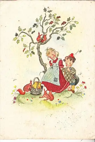 KINDER / Children / Enfants / Bambini / Ninos / Kinderen - Künstler-Karte, Kinder mit Eichhörnchen