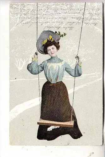MODE - Frau auf Schaukel, modischer Hut, 1905 Siebenlehn