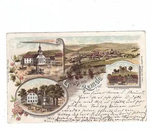 0-6820 RUDOLSTADT - REMDA, Lithographie 1898, Kriegerdenkmal, Kirche, Marktplatz, Rathaus,... leichte Druckstelle