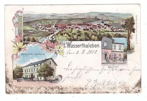 0-5401 WASSERTHALEBEN, Lithographie, Bahnhof, Gemeinde-Gasthaus, Ortsansicht