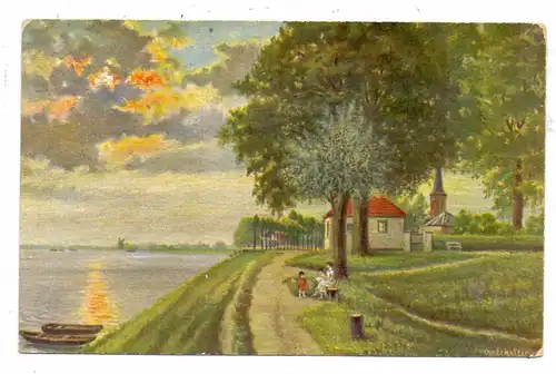 4134 RHEINBERG - ORSOY, Ansicht am Rhein, Künstler-Karte