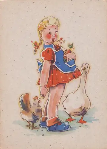 KINDER - Künstler-Karte Mädchen mit Huhn und Gans, 194..