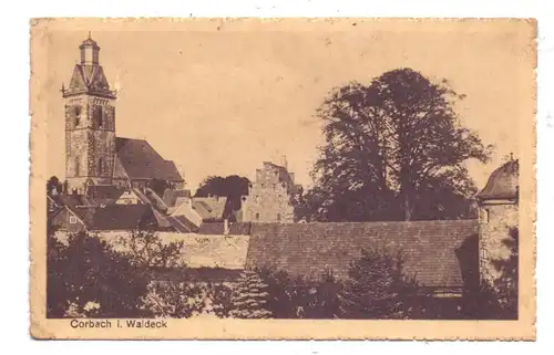3540 KORBACH, Ortsansicht mit Kirche, 1943, Landpoststempel Obernburg, kl. Druckstelle