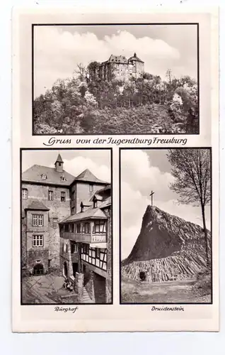 5242 KIRCHEN - FREUSBURG, Jugendburg, Burghof, Druidenstein, rücks. Klebereste