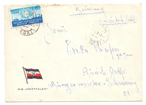 ITALIA, 1956, Unificato 800, Einzelfrankatur nach Deutschland
