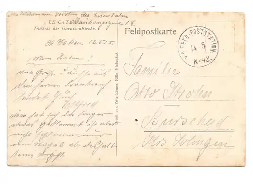 F 59360 LE CATEAU, Inneres der Garnisonskirche, 1915, Deutsche Feldpost, Eisenbahn Baukompanie 18