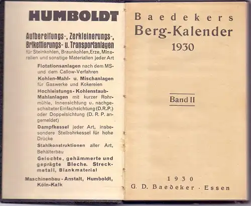 BAEDEKERS Bergkalender, Band II, 1930, 257 Seiten, sehr gute Erhaltung