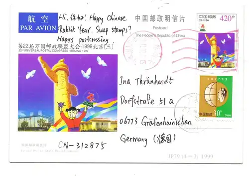 CHINA - 1999, UPU Congress, postal stationery