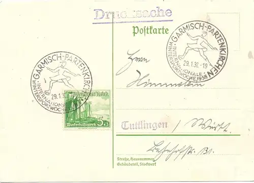 WINTERSPORT - EISKUNSTLAUFEN, Sonderstempel Garmisch-Partenkirchen, 1938