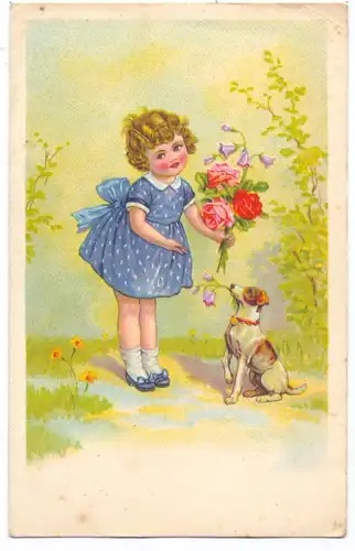 KINDER - Künstler-Karte, Mädchen mit Blumen und Hund