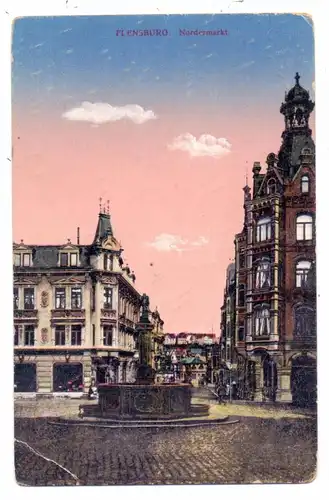 2390 FLENSBURG, Nordermarkt,Eckknick, Bahnpost "Hamburg-Vamdrup", 1917