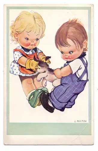 KINDER - Künstler-Karte L. Martini, Kinder mit Hund, 1941, Eckknick