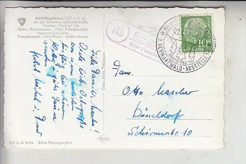 7290 FREUDENSTADT, Landpoststempel "14b Schliffkopf über Freudenstadt", 1957