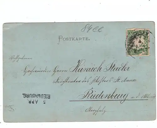 8400 REGENSBURG, Mondscheinkarte 1899 nach Riedenburg befördert